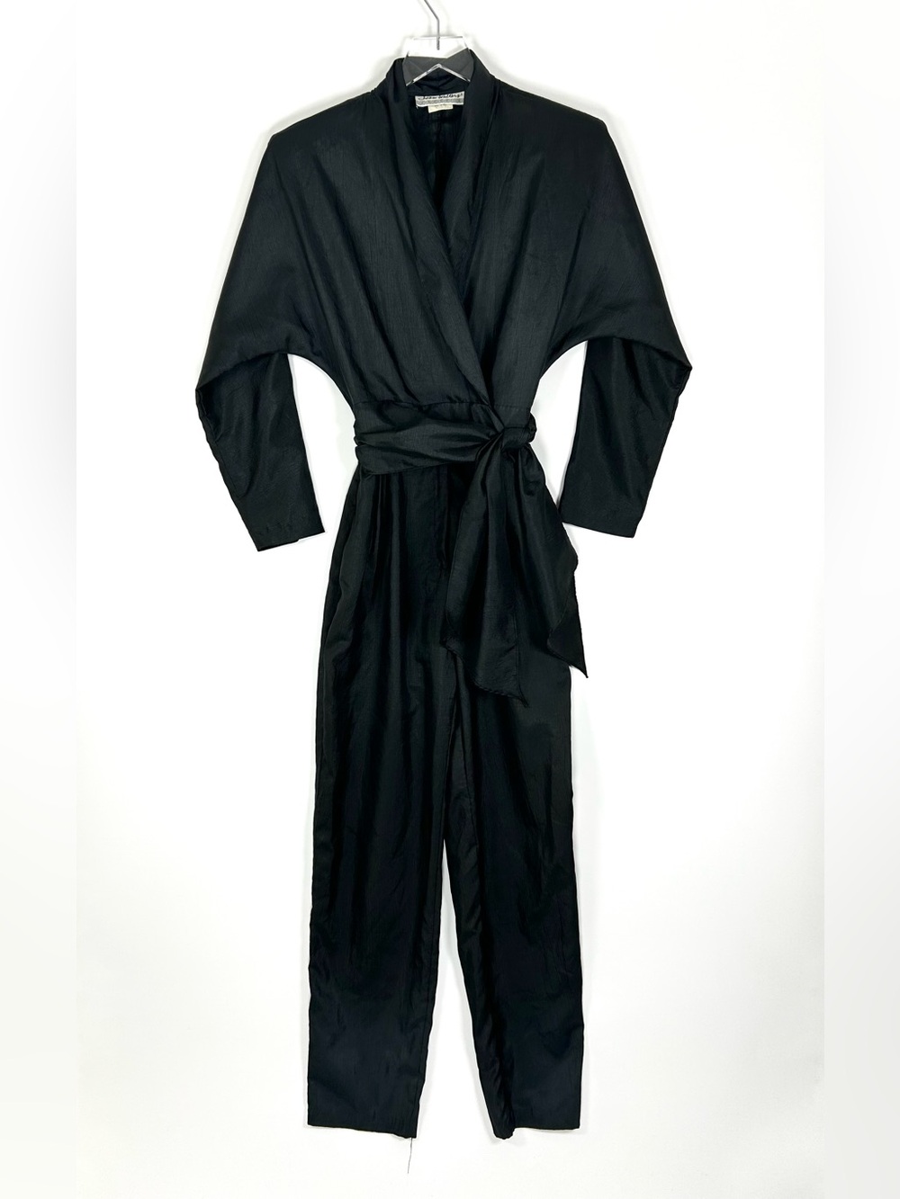 Vintage 80s Joan Rivers Jumpsuit Black Tie Waist Padded Shoulder Made in USA